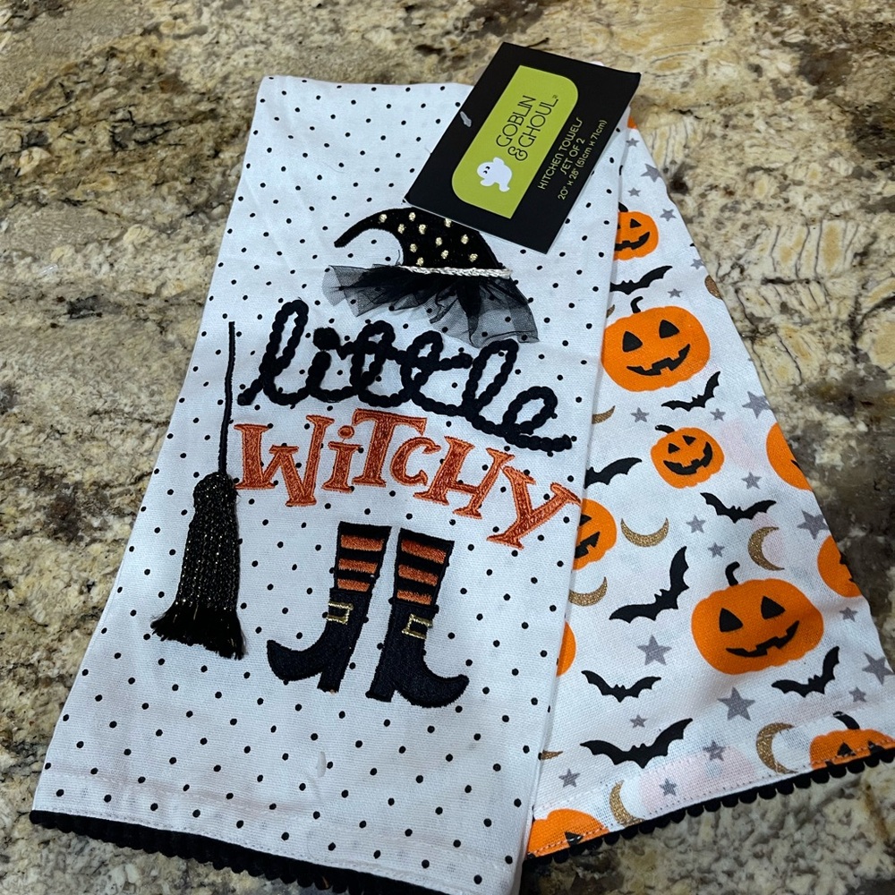 Goblin & Ghoul enbroidered kitchen towels set LITTLE WITCHY and pumpkins NEW!
